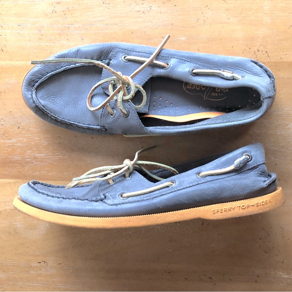 Vintage Boat Shoes Grey Leather Sperry Top-Sider Original Gray Prep Yellow Sole